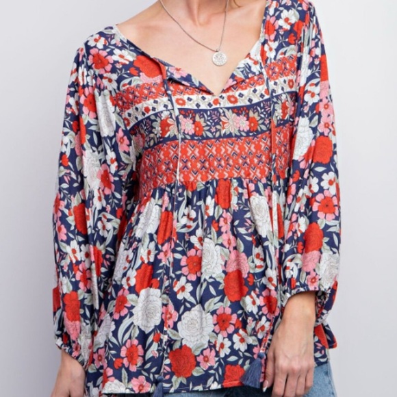 easel Tops - NWT Easel Red, White & Blue Floral Babydoll Blouse